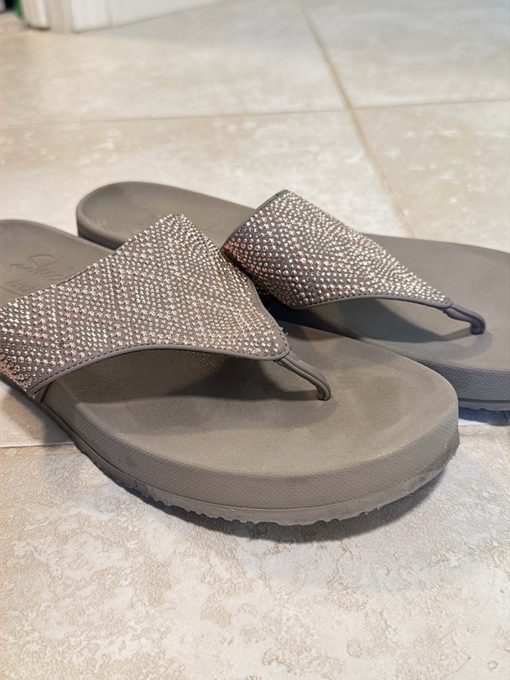 Women's Taupe Rhinestone Thong Skechers Sandals